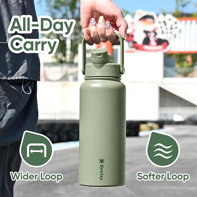 KEWIXY 32 oz Insulated Water Bottle, 2-in-1 Lid, Straw & Spout with Protected, Leak Proof, Keep Cold, Stainless Steel, Metal, Reusable, Handle, for Outdoor, Gym and School, 2 Lids, Sage Green