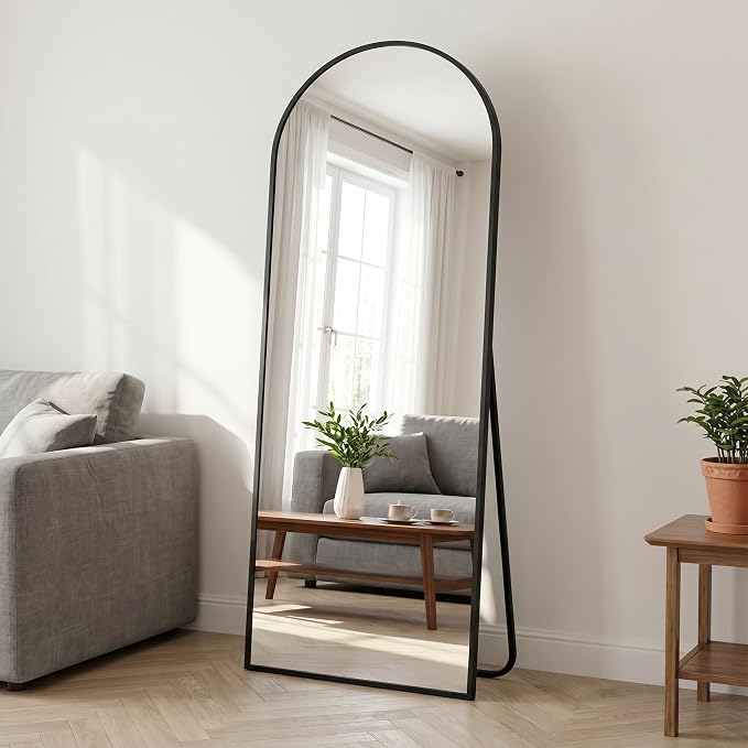 Full Length Mirror, 58.5"x18" Arched Floor Mirror Freestanding, Floor Standing Full Body Mirror with Stand for Bedroom, Hanging Mounted for Living Room Cloakroom (Black, 58.5" L x 18" W)