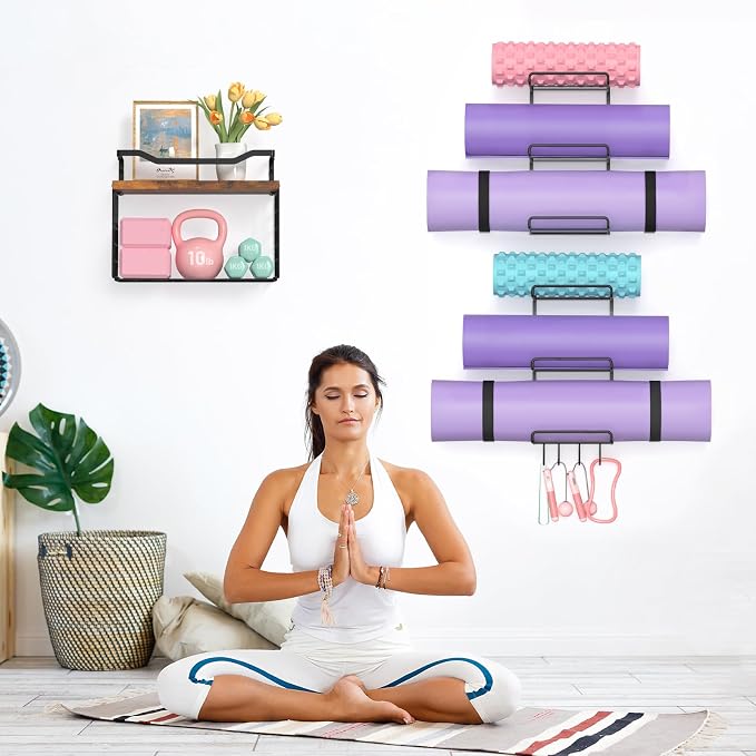 LIDTOP 6-Tiers Yoga Mat Holder Wall Mount with Wood Floating Shelves, Yoga Mat Storage Rack Home Gym Accessories with Hooks for Hanging Stretching Strap & Resistance Bands, Yoga Room/Home Gym Decor