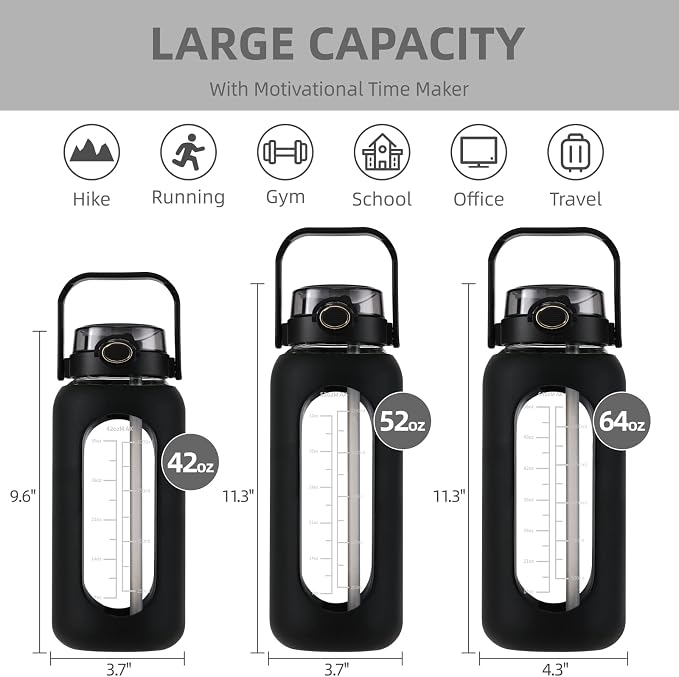 64 oz Glass Water Bottle with 2-in-1 Straw Lid Large Half Gallon Water Bottle with Time Marker & Removable Silicone Sleeve,Wide Mouth BPA-Free Borosilicate Bottle for Gym, Workout & Daily Use