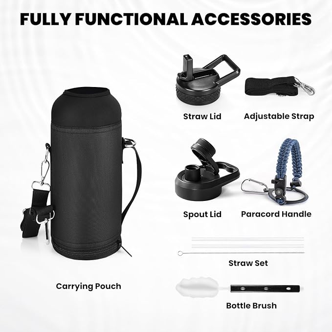 RAYMYLO Insulated Water Bottle 40 oz, Triple Wall Vacuum Stainless Steel | (Cold for 36Hrs, Hot for 18Hrs), Leak Proof & Non-BPA, Modern Water Flask Jug with Paracord Handle & Straw Spout Lids