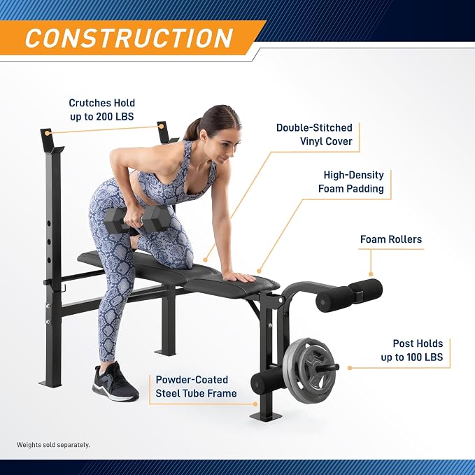 Marcy Standard Weight Bench with Leg Developer - Adjustable 5-Position Back Pad (Flat, Incline, Decline) - Home Gym Strength Training Equipment- MWB-6501