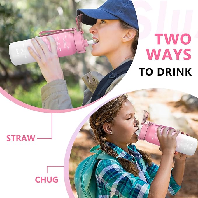 SLUXKE 24oz Insulated Water Bottle with Straw and Spout Lids, 18/10 Stainless Steel 700ml Double Wall Vacuum Sports Water Jug, Leakproof Hydro Cup Flask for Men, Women & Kids PINK WHITE