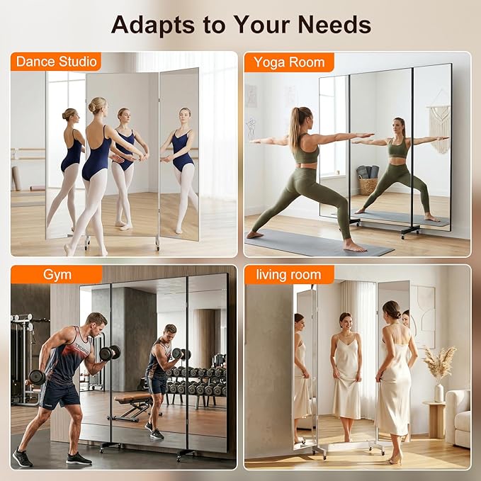 Full Length Mirror with 360° Wheels, 63" x 71" Foldable Floor Mirror with Nano-Tech Shatterproof Film - Ultra-Large Mobile Mirror for Home Gym, Dance Studio & Commercial Spaces (Black)