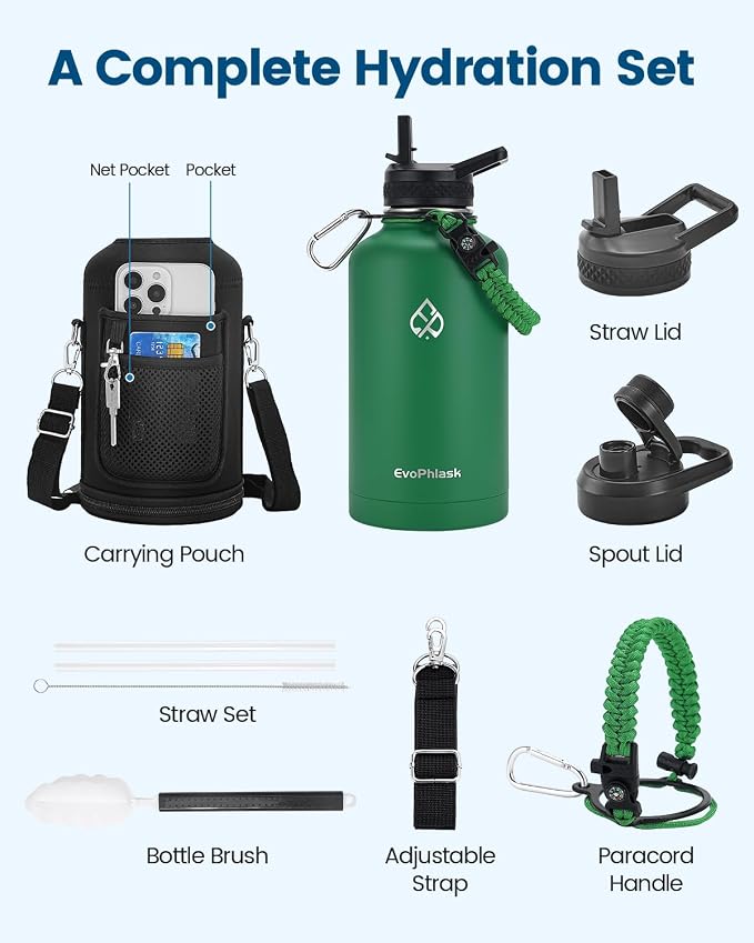 Insulated Water Bottle 64 oz with Carrier Bag, Green | Stainless Steel, Vacuum Insulated Keep Cold 48 Hrs, Half Gallon Large Water Jug, For Travel, Sport, Gym, Hiking