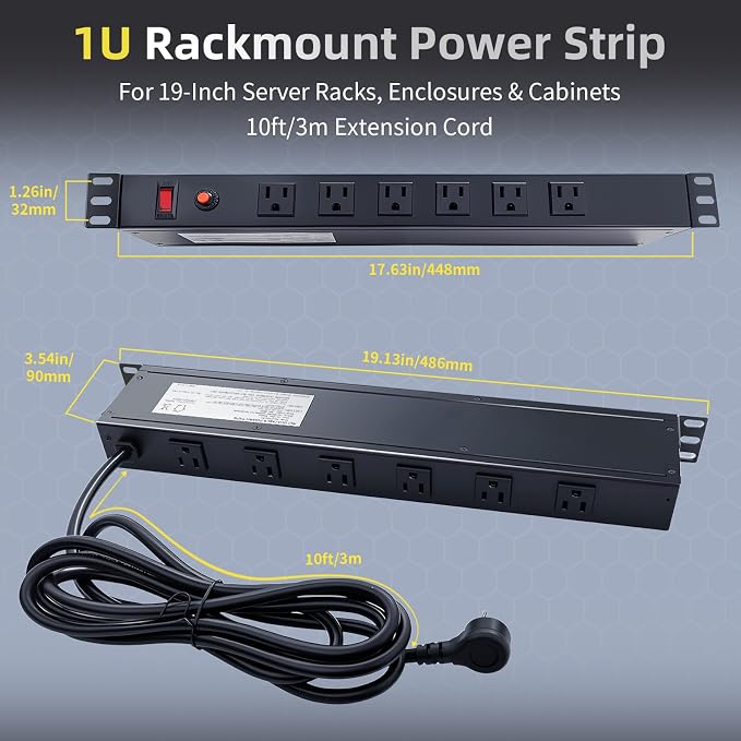 12-Outlet 1U Rack Mount PDU Power Strip – 6 Front/6 Rear Outlets, 15A 125V, 10ft Cord with Right-Angle Plug – for Server, Network & AV Racks