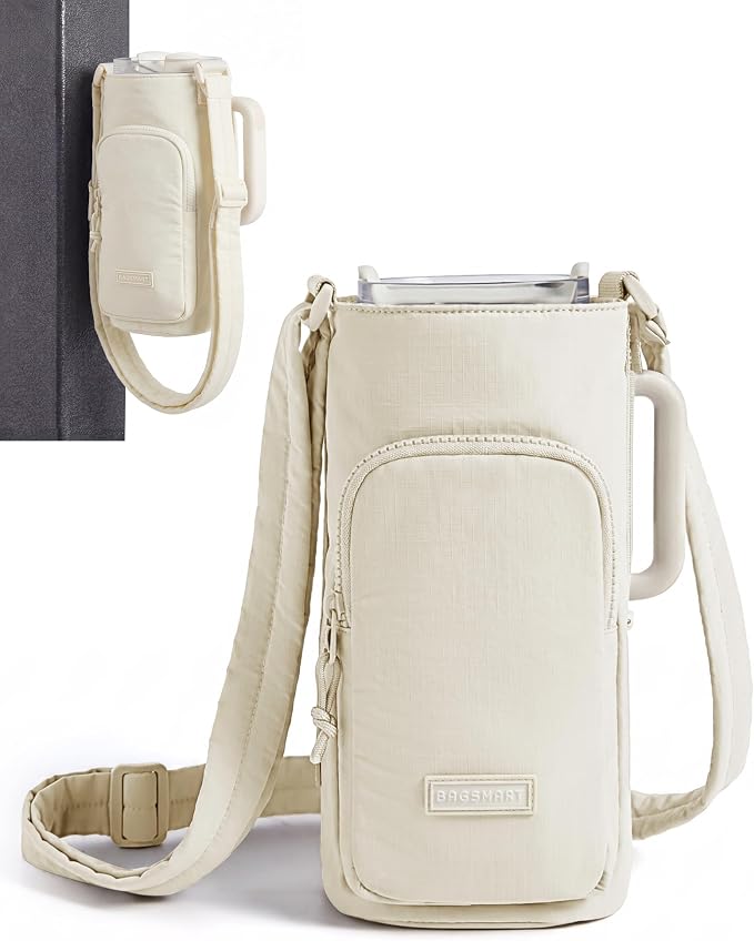 BAGSMART 40oz Water Bottle Holder with Strap, Quilted Gym Accessories | Magnetic or Classic Design, Lightweiht Tumbler Drink Carrier, Quilted Crossbody Purse