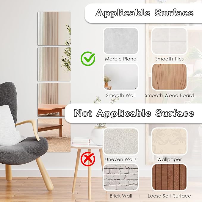 4 Pack Acrylic Mirrors Sheets Self Adhesive 8 x 8 Inch Wall Mirror Tiles | Flexible Mirror Stickers Shatterproof Full Length Mirrors for Home Bathroom Bedroom Gym Door Wardrobe Use