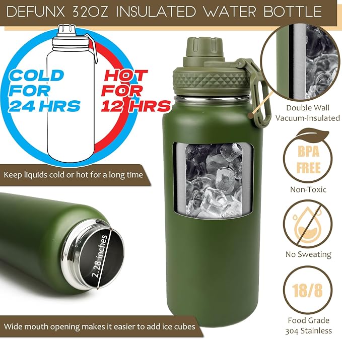 DEFUNX 32 Oz Water Bottle with Sleeve - Insulated Bottle with Strap Stainless Steel Gym Water Bottles for Men Sports Workout Hiking Camo Green