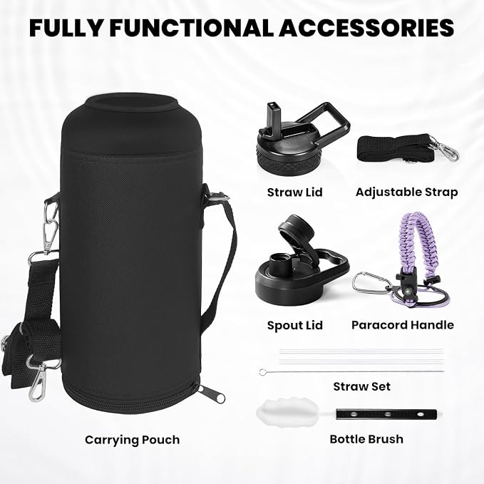 RAYMYLO Insulated Water Bottle 87 oz, Triple Wall Vacuum Stainless Steel | Cold for 48 Hrs), Leak Proof & Non-BPA, Modern Water Flask Jug with Paracord Handle & Straw Spout Lids, Light Purple