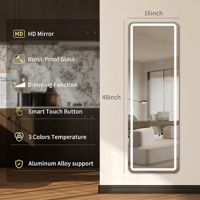 Koonmi Full Length Mirror Door Hanging with LED Lights 48"x16"