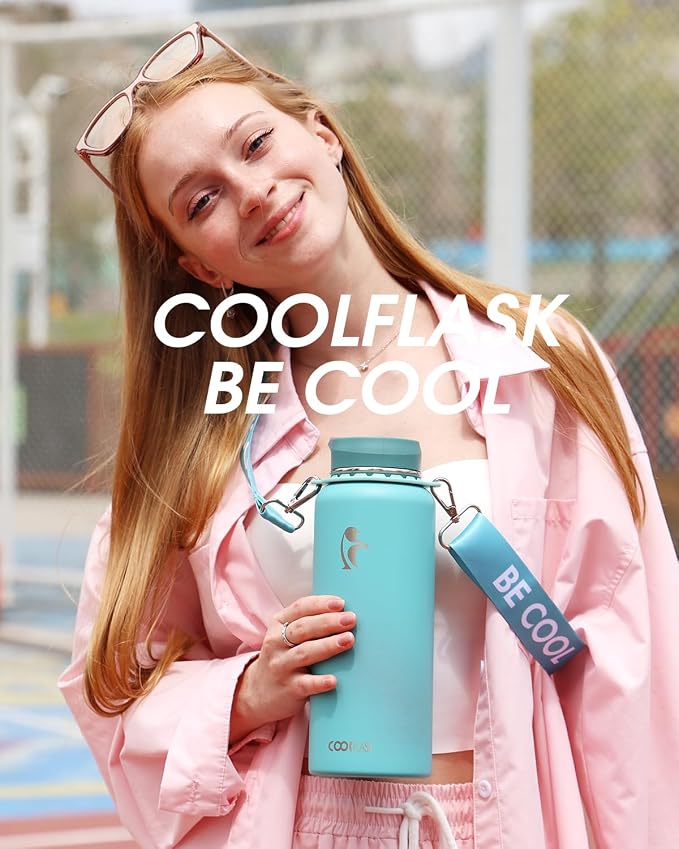 Coolflask 40 oz Water Bottle Insulated Stainless Steel with Strap | Metal Water Flask with Straw & Spout Lids, Triple-Wall, Cold 48+h, Dishwasher Safe, Leakproof, BPA-Free, for Gym & Hiking