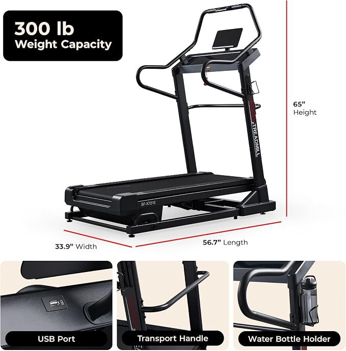 Sunny Health & Fitness Smart Treadmill Intensive Quiet Auto Incline/Decline | Commercial Level | Extreme Auto Incline | Decline Capabilities | Shock Absorbing | Pre-Program Workout | Multi-Grip Handrail