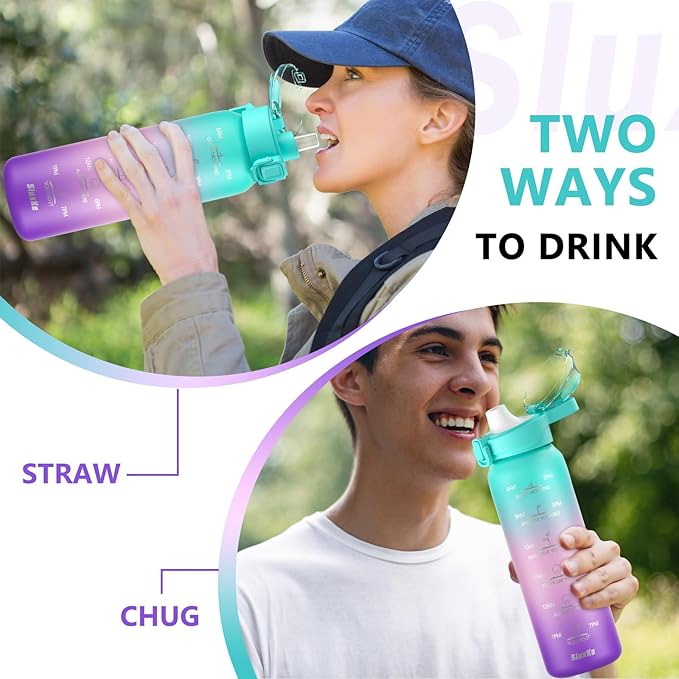 SLUXKE 24oz Insulated Water Bottle with Straw and Spout Lids, 700ml 18/10 Stainless Steel Double Wall Vacuum Sports Water Jug, Leakproof Hydro Cup Flask for Men, Women & Kids GREEN PINK PURPLE