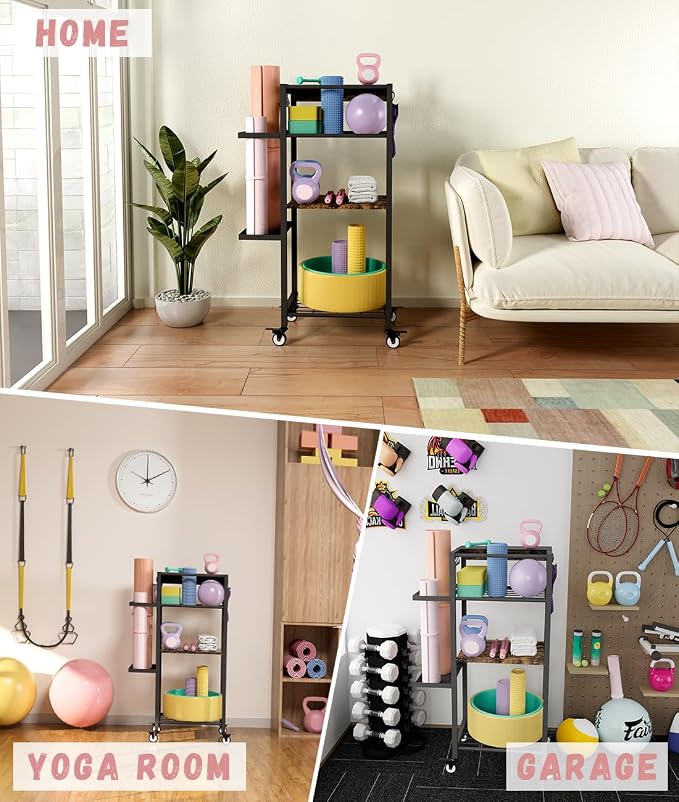 Yoga Mat Storage Rack with Wheels, 3 Tier Home Gym Workout Equipment Organizer for Dumbbells, Kettlebells, Foam Rollers