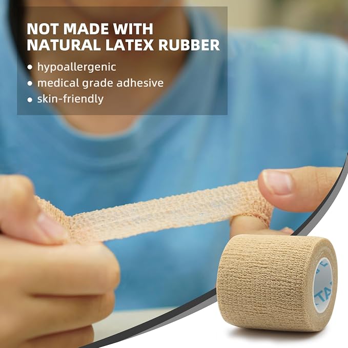 OK TAPE Self Adherent Cohesive Bandages Wrap 24Packs 2" x 5 Yards | Non-Woven Self Adhesive Athletic Sports Wrap Tape Vet Wrap Bandages Tape for Thumb Finger Wrist Ankle (Beige)