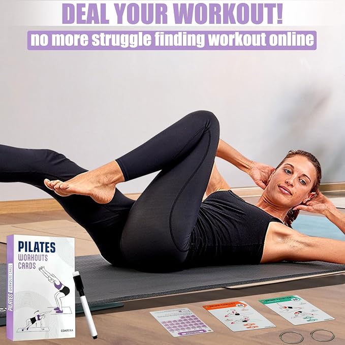 Pilates Workouts for Women-58 Exercise Cards with Pilates Mat Workout Postures,ncludes 4-Week Challenge,2 Rings& Dry-Erase for Easy Organization-Home, Gym or Studio