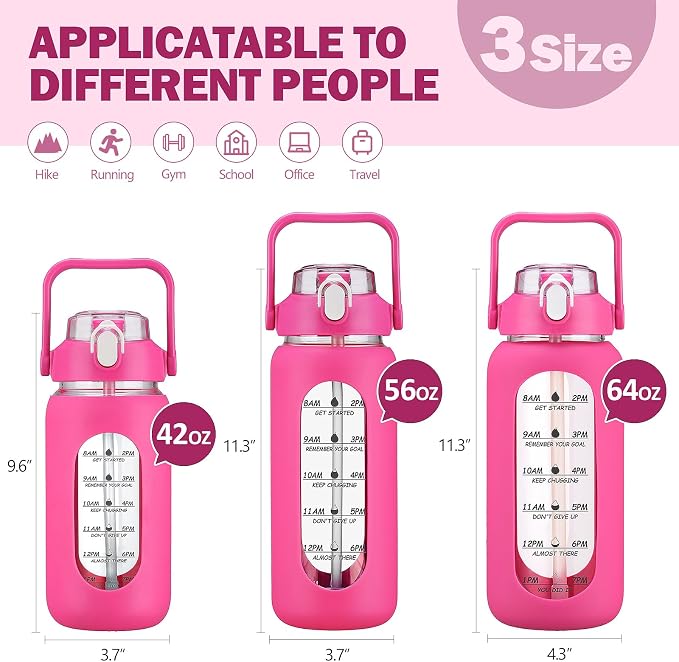 42oz Glass Water Bottles with Straw, Motivational Glass Bottle with Silicone Sleeve and Time Marker, Leakproof Large Glass Water Jug for Gym Home Office,Rose red