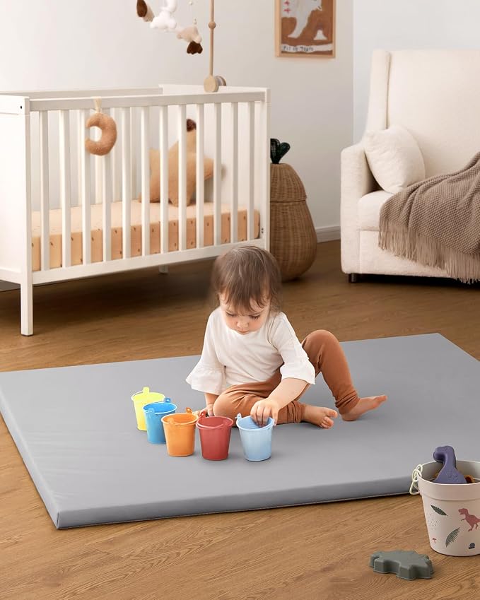 Blissful Diary Vegan Leather Baby Play Mat, 50''x50'', Light Gray | thick cushion, safe and soft fabric, waterproof and wip clean, indoor use, non-slip bottom, stylish mordern decor
