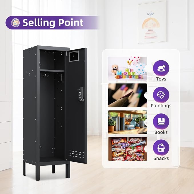 BUTISOW Metal Storage Locker with Lock & Card Slot Locker - Secure Lockable Door - Steel Locker for School, Office, Gym, Home - 54" H x 15" W x 15" D(1 Door, Black)