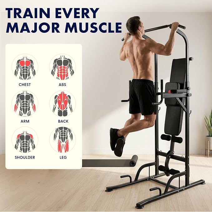 Pull-Up Dip Station - Your All-in-One Power Tower Gym and Chin-Up Bar Stand with Collapsible Bench for Home Exercise and Bench Press