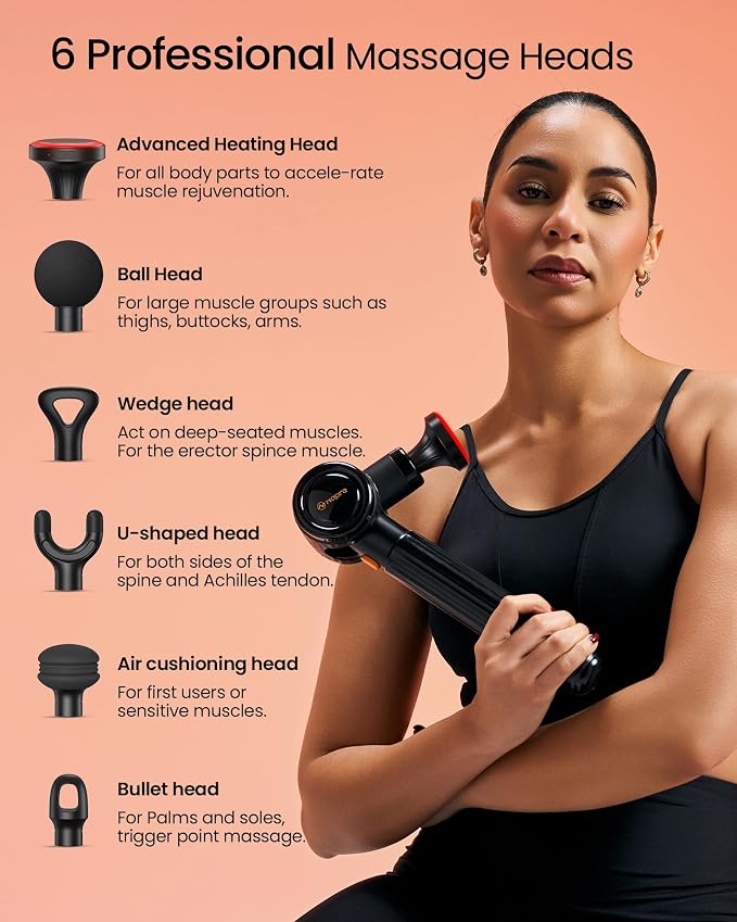NAPRE Massage Gun with Heat,Massage Gun Deep Tissue with Extension Handle | Handheld Percussion Muscle Massager for Back Neck Pain Relief,3 Adjustable Angles,5 Speeds,6 Heads,Case,Black