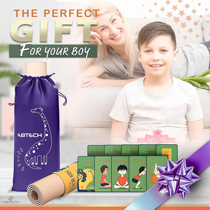 Kids Yoga Mat Set - Comfortable Dinosaur Kid Yoga Mat Boy with 12 Yoga Cards, Storage Bag, Beige Play Mat Thick for Gymnastics Mat, Exercise Mat, No-Toxic and Non-Slip for Ages 3-12