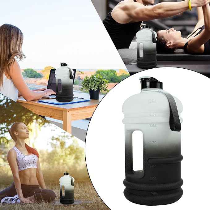TOOFEEL Gallon Water Bottle - 128 oz with Flip Lid & Handle - BPA Free with Measurements - Black & White Gradient