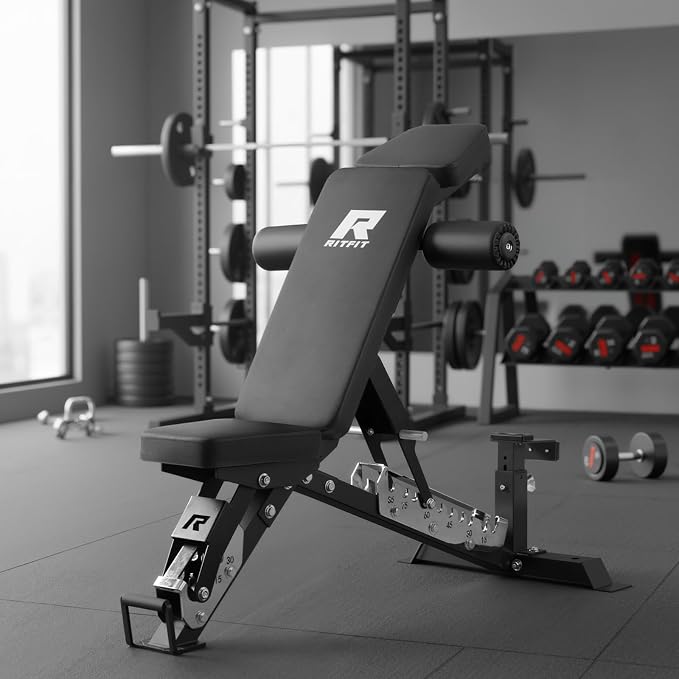 RitFit 3-Section Adjustable Weight Bench for Home Gym, 1600LB Capacity | Incline Decline Flat, 10 Backrest & 5 Headrest Positions, Full Body Strength Training with 14GA Steel Frame