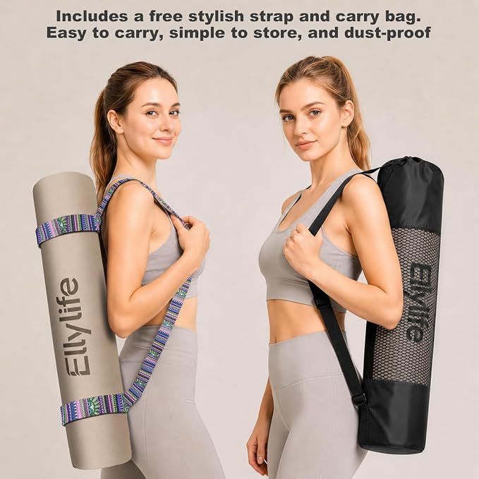 Yoga Mat - Non Slip Natural Rubber Yoga Mat, Alignment Lines, Ultimate Grip | Anti-Tear, Durable & Thick 5mm, Skin-Friendly with Free Carry Strap, Bag, for Yoga, Pilates Fitness and Floor Exercises