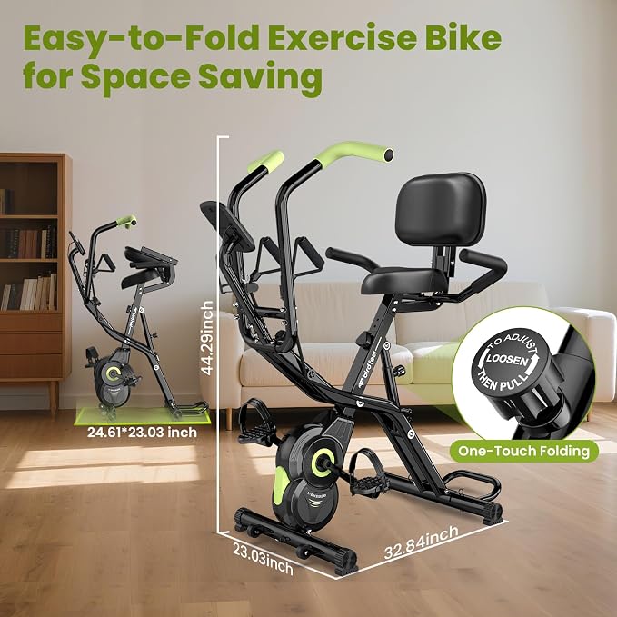 Foldable Exercise Bike, 8-Level Magnetic Stationary Bike for Home Gym | Quiet Indoor Workout Bike with Arm Resistance Bands, LCD Monitor, and 300 LBS Capacity for Full-Body Cardio Training