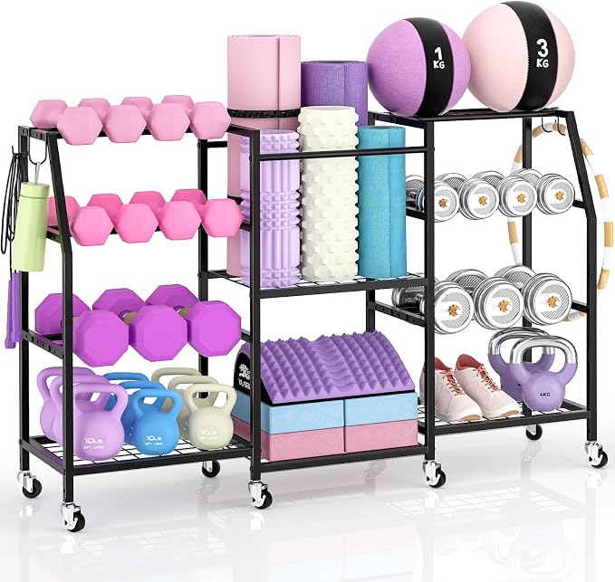 Dumbbell Rack, Yoga Mat Storage Rack, Home Gym Storage Rack for Kettlebells, Exercise Equipment Storage with Wheels and Hooks, All in One Home Gym Equipment Organizer