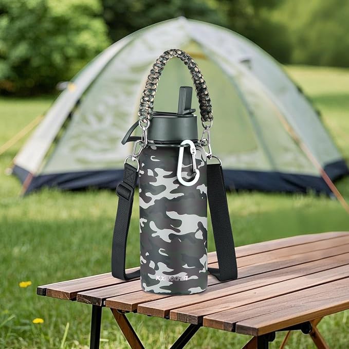 KXIAOCHEN Insulated Water Bottle with Strap, 48-Hour Cold, 2 Lids | Triple-wall insulation, lead-free 18/8 Stainless steel, paracord handle, carabiner clip, for gym, hiking, camping and travel