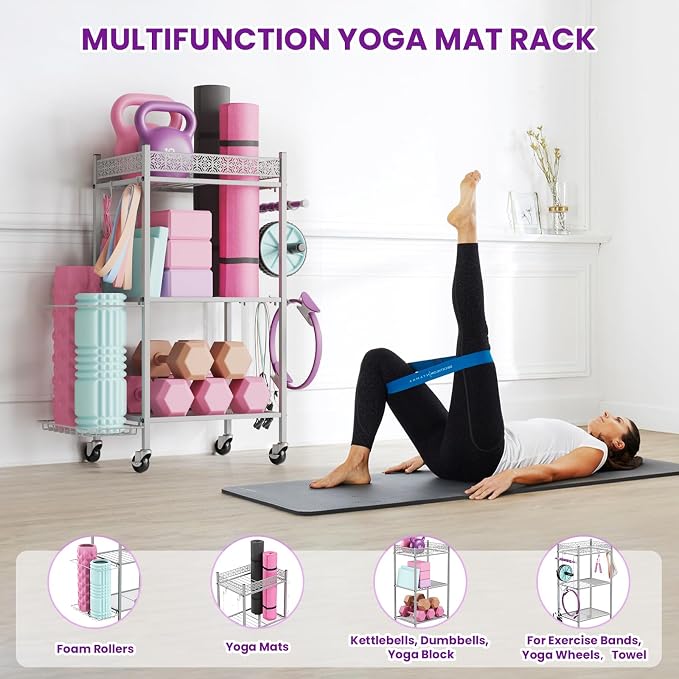 Yoga Mat Storage Rack, Home Gym Storage Rack, VOPEAK Workout Storage for Yoga Mat, Foam Roller, Gym Organizer Gym Equipment Storage for Home Exercise and Fitness Gear