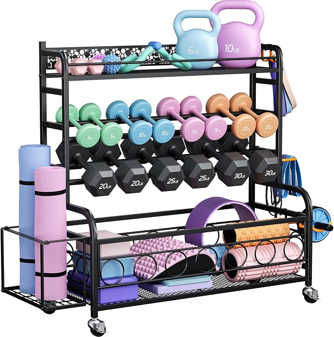 VOPEAK 3-Tier Dumbbell Rack with Wheels, Weight Rack for Home Gym Storage | Stores dumbbells, kettlebells & yoga mats. Lockable wheels for mobility. Sturdy steel frame, easy 15-min assembly