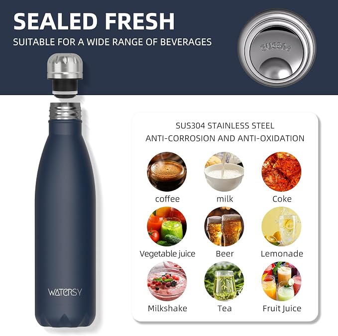 WATERSY Stainless Steel water bottles,17oz/500ml Insulated Water Bottle | Cobalt metal water bottle Keeps Drink Cold and Hot,Blue BPA Free kids water bottles for School,Gym,Travel,Sports
