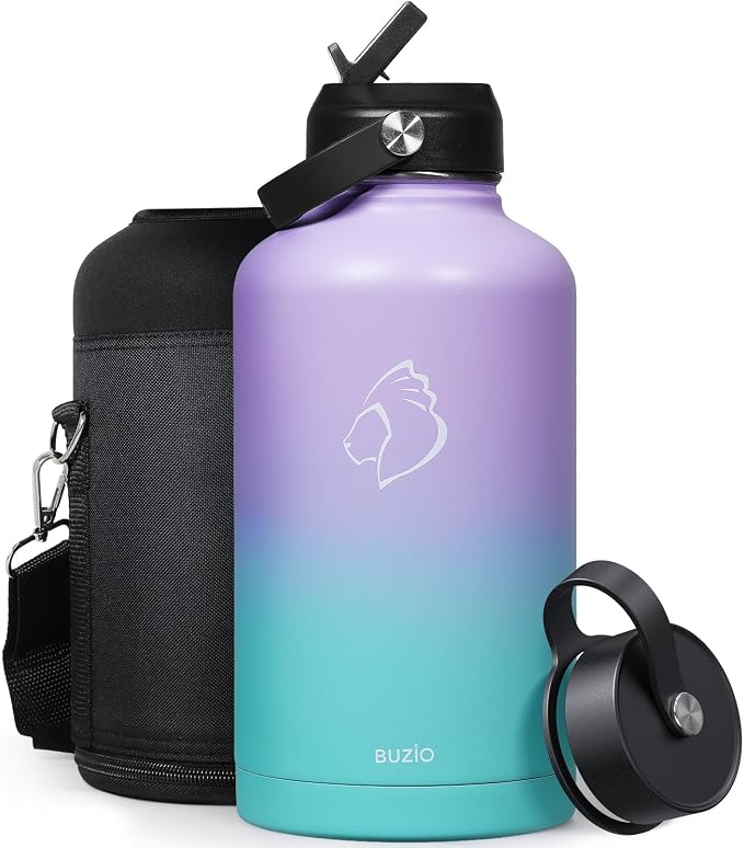 BUZIO 64 oz Insulated Stainless Steel Water Bottle with Dust-proof Lids | Half Gallon Water Jug (Dishwasher Safe), Cold for 48 Hrs, Triple Wall with Copper Plating, for Gym, Hiking, Camping, Black