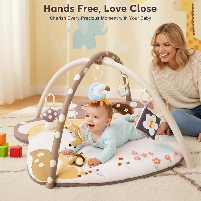 3-in-1 Baby Play Mat & Baby Seats for Infants for Sitting Up, Tummy Time Gym Activity Mat with 5 Detachable Toys, for Babies 0-6-12-18 Months, Newborn Babies Shower Gifts(Khaki)