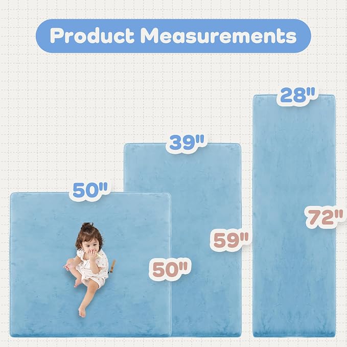 1.3" Thick Baby Floor Play Mat 50x50 Padded Foam Mat Kids, Ice Blue | Memory Mat for Baby to Play on Floor Waterproof Easy Care with Non-Slip Tummy Time Play Mat for Nursery Playroom Classroom
