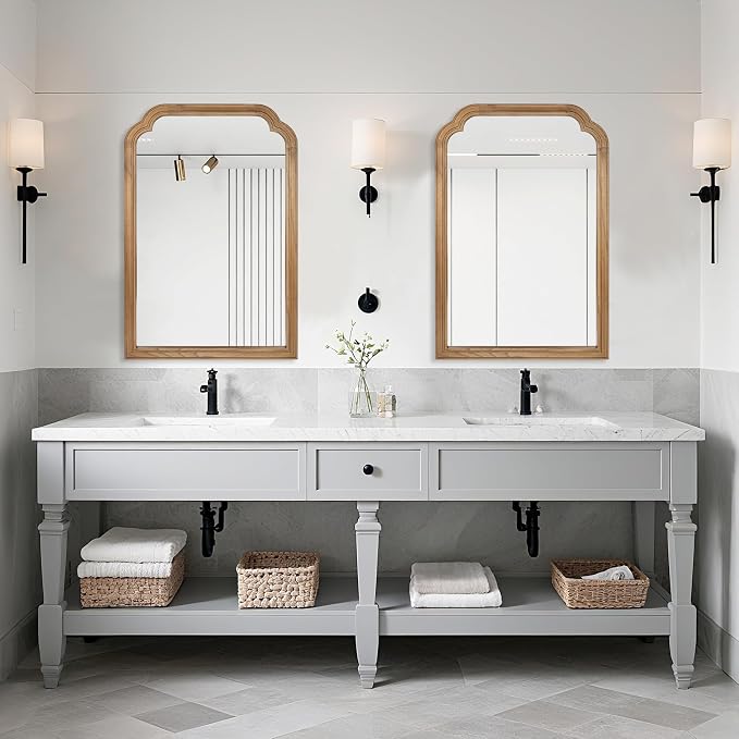Wood Bathroom Mirror for Wall, 30 x 20 Inch Decorative Wall Mirror with Rustic Wooden Frame for Living Room, Vanity, Bedroom, Entryway, Farmhouse