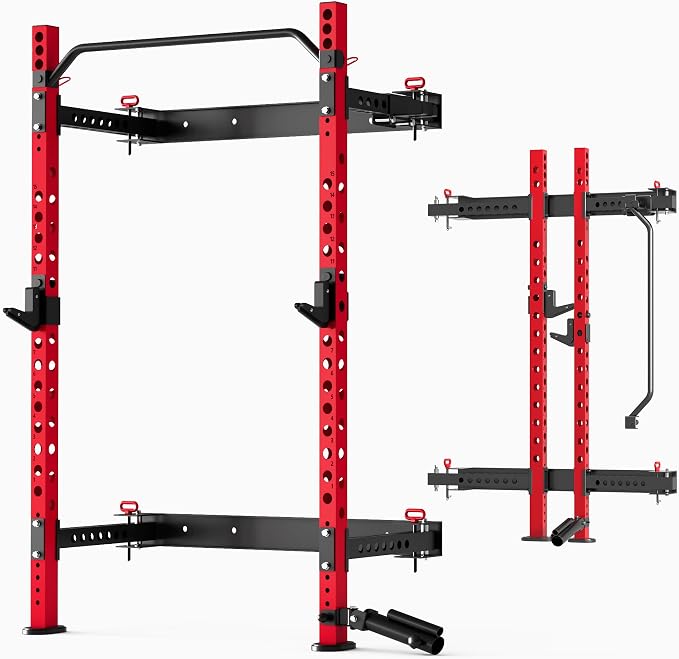 MU 2" x 2" Folding Squat Rack, 1100LBS Wall Mounted Power Rack with Adjustable Pull Up Bar, J Hooks, Landmine, Foldable Squat Rack for Home Gym, Garage, Training Studios (Black and Red)