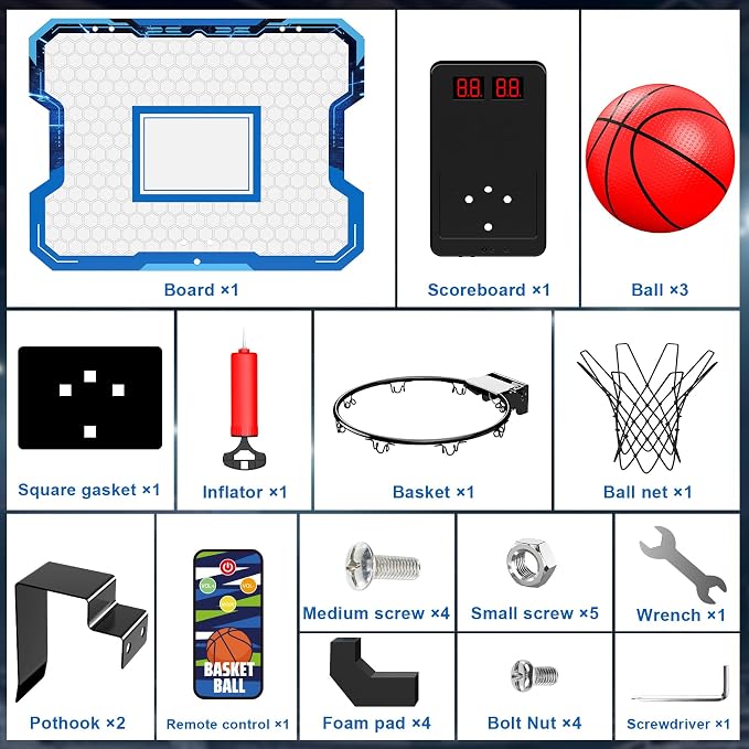 Indoor Basketball Hoop for Kids with Electronic Scoreboard, Over The Door Mini Basketball Hoop with 4 Game Modes, Breakaway Rim, 3 Balls & Pump, Basketball Toy Gift for Boys Girls Ages 6-12