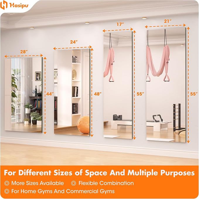 Hasipu Home Gym Mirror 44" L x 28" W - 2PCS Large Full Body Mirror for Yoga, Fitness, Garage, Dance Studio, Wall-Mounted, 0.16in Tempered Glass Frameless