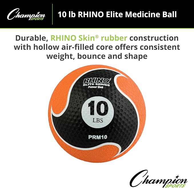 Champion Sports Rhino Elite Medicine Ball – Textured Surface, Superior Grip, Hollow Synthetic Rubber for Consistent Bounce & Durability, Multiple Weights & Colors - Optional Rebounder Sold Separately