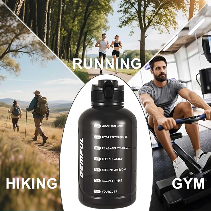 GEMFUL 2 Liter Water Bottle with Time Marker & Handle for Workout (Black) | BPA-Free, Leak-proof, 64oz Capacity, Tracks Daily Intake,Strawless, Chug Lid, for Gym, Fitness, Hiking, Sport, Camping