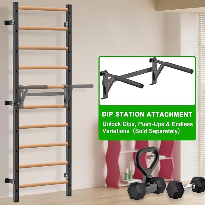 Kipika Gymnastic Wood Stall Bar, 2"x2" Swedish Ladder with 1" Hole | Wall Mounted Pull-up Bar Ladder Suspension Trainer, Solid Wood Grips Gymnastics Training Bar for Home, Wall Gym, School
