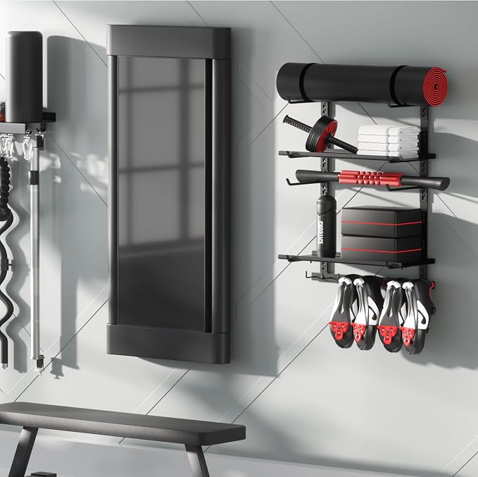 Home Gym Wall Storage Shelf, 2 Boards & 4 Adjustable Holders Sets | 2 boards, gym wall storage shelf with 4 adjustable holder sets and 8 hooks for mats, bands, shoes and workout gear