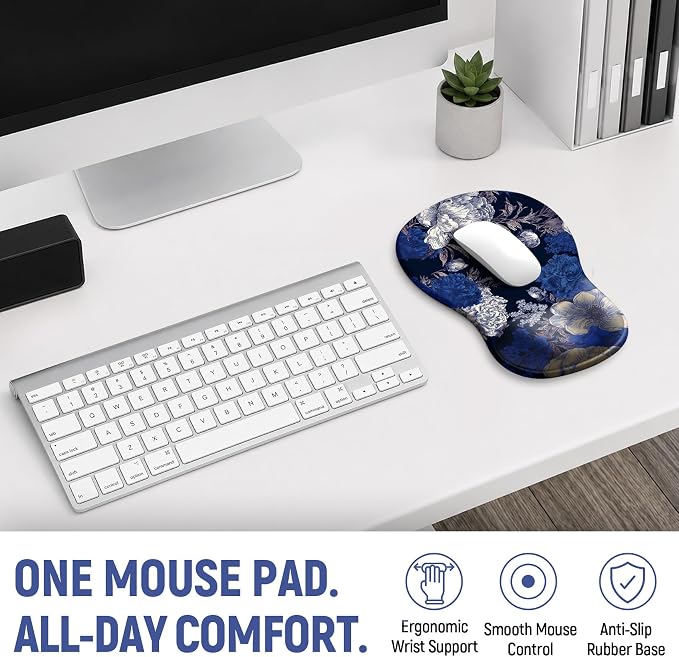 Ergonomic Mouse Pad with Wrist Rest, Gel Wrist Support, Indigo | 10.2 x 7.6 in Mouse Pad with Smooth Fabric Surface and Non-Slip Rubber Base for Office, Home, Study, and Gaming