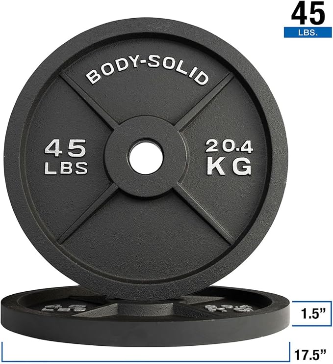 Body-Solid Cast Iron Olympic Weight Plate Set, Free Weights Dumbbell Plates with 2 Inch Standard Hole for All Olympic Barbell Types