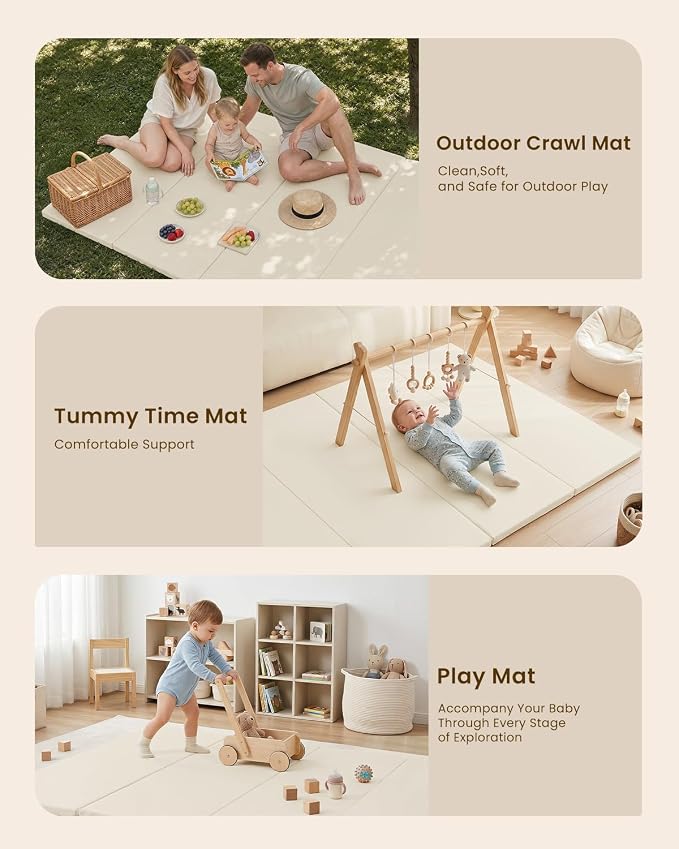 SEPARO Foldable Baby Play Mat,Vegan Leather 71x59 Baby Mat for Floor,Beige | Trifold Waterproof Playmat for Babies,Soft Foam Tumbling Mat,Wipe-Clean&Non-Slip Outdoor Mats,Playmate for Baby Tummy Time